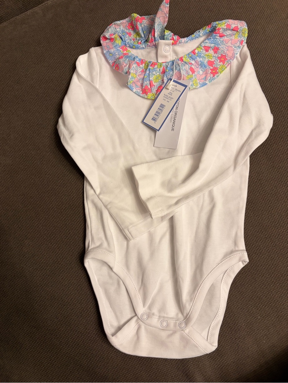 Jacadi White Long-Sleeve Bodysuit with Multicolor Floral Ruffle Collar
